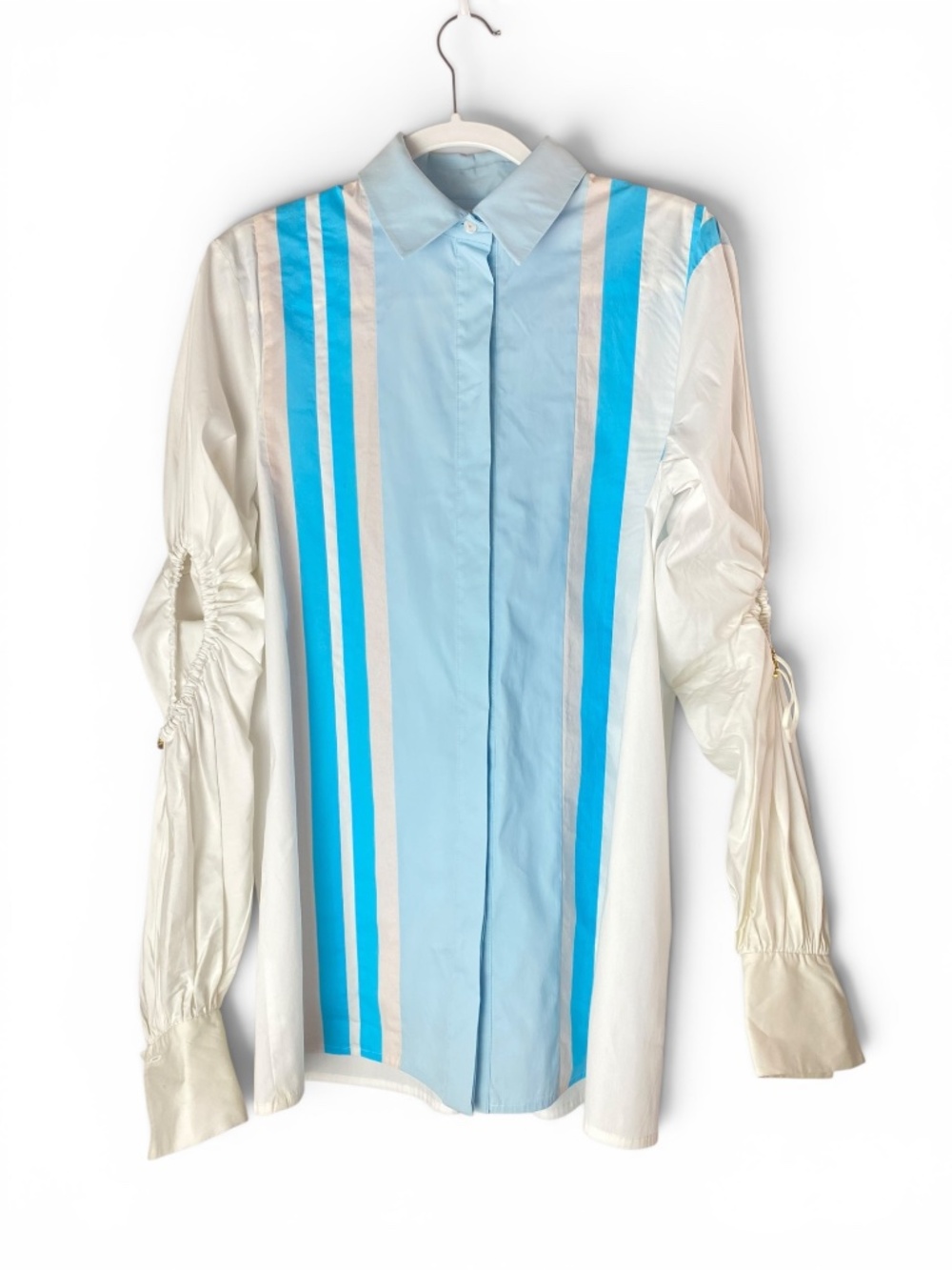 Peter Pilotto Cotton Shirt Tunic with Exposed Elbows in White Pink Blue Size 6